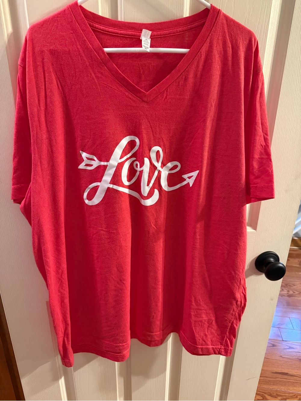 Bella Canvas Red Short Sleeve V-Neck Tee with White "Love" Script